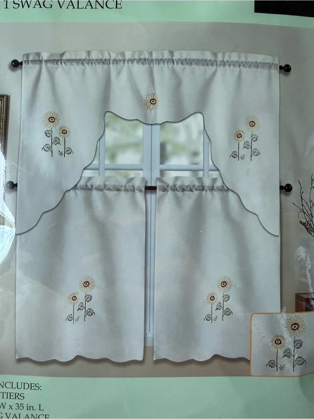 Embroidered Sunflower White Kitchen Tier and Valance Set